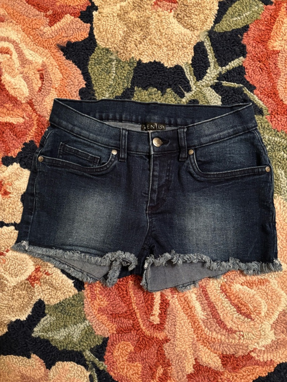 VENUS Denim Cut Off Stretch Shorts /Size 2/ Mid Rise-Frayed Hem-Dark Blue